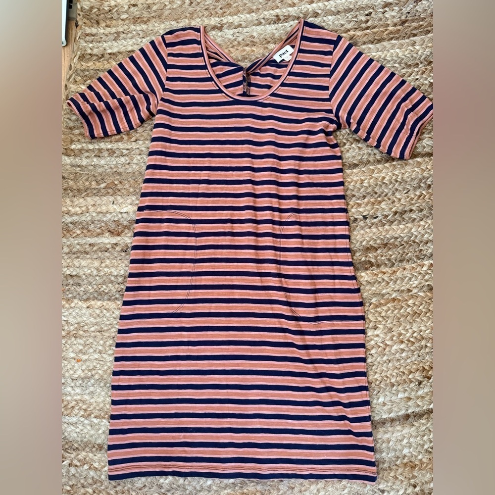 Pact Size Small Orange & Blue Striped Organic Cotton Tee Shirt Dress